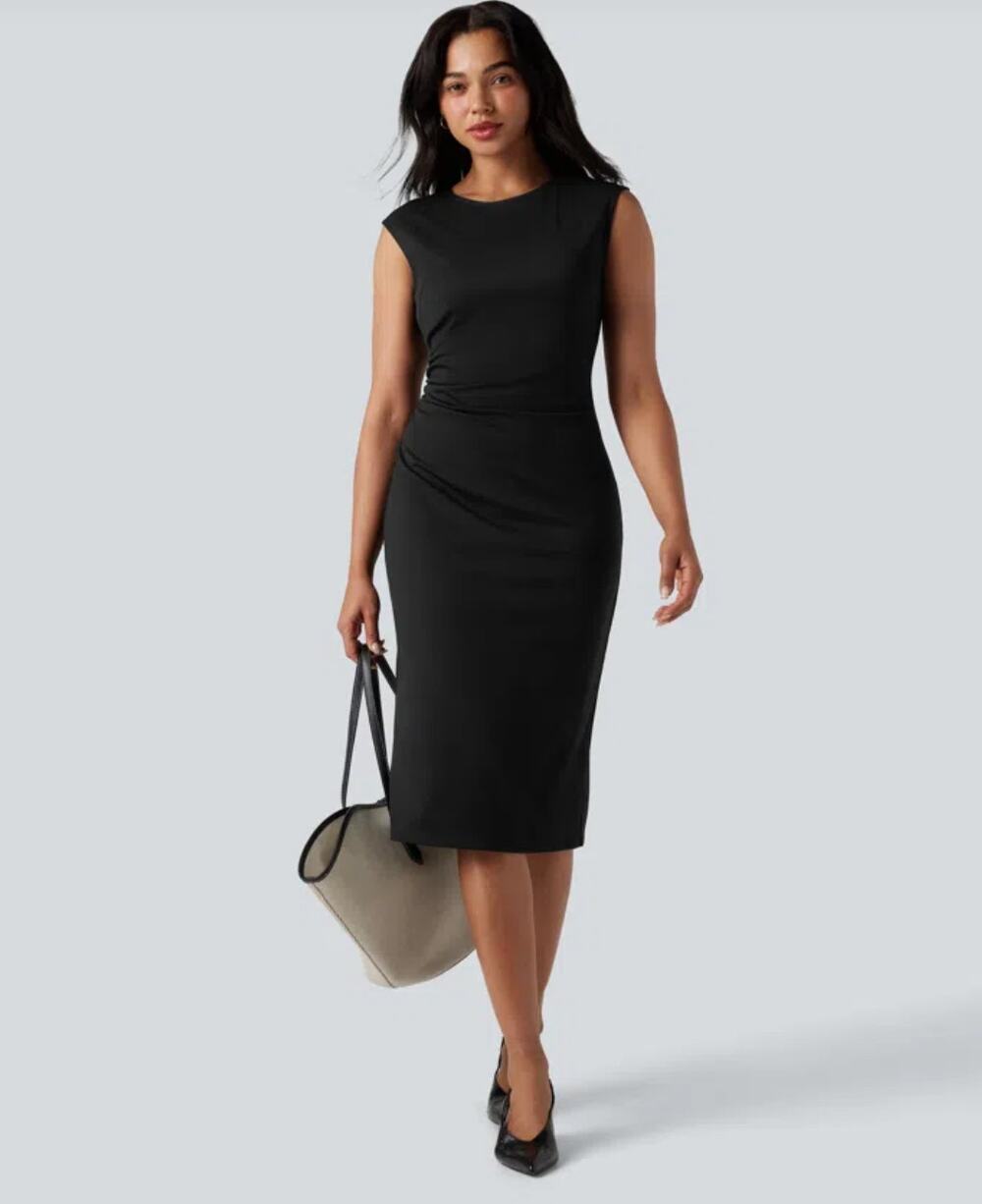 Halara Round neck sleeveless Work Bodycon Midi Dress XS Black Corporate chic NWT